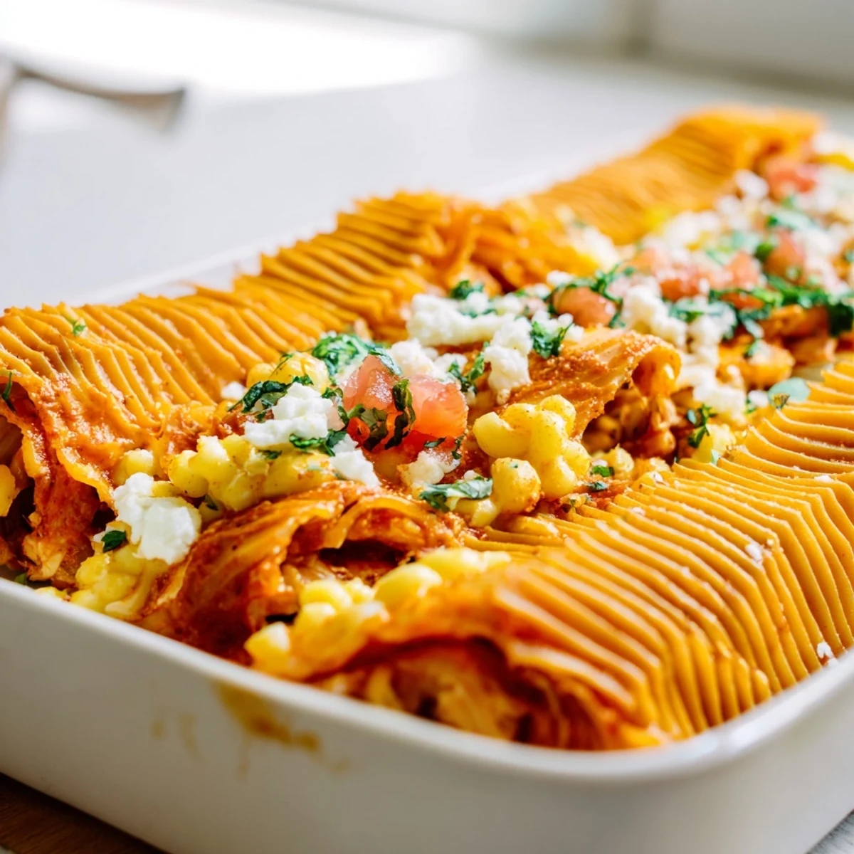 Golden brown Chicken and Pasta Crinkle Cake, layered with crispy phyllo and creamy filling, ready to serve.