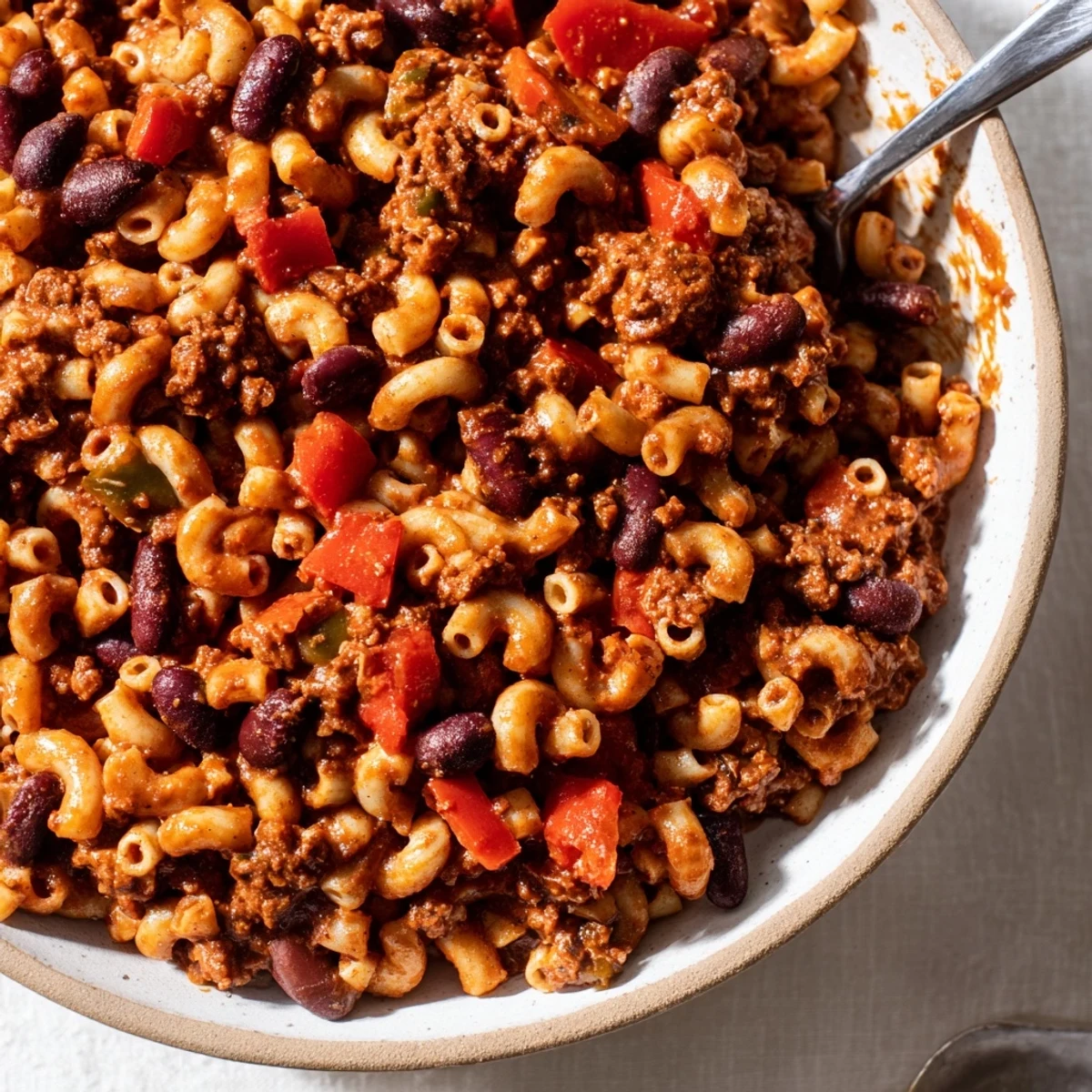 A steaming bowl of one-pot Ditalini with Hot Cocoa Chili, rich with dark, melted chocolate.