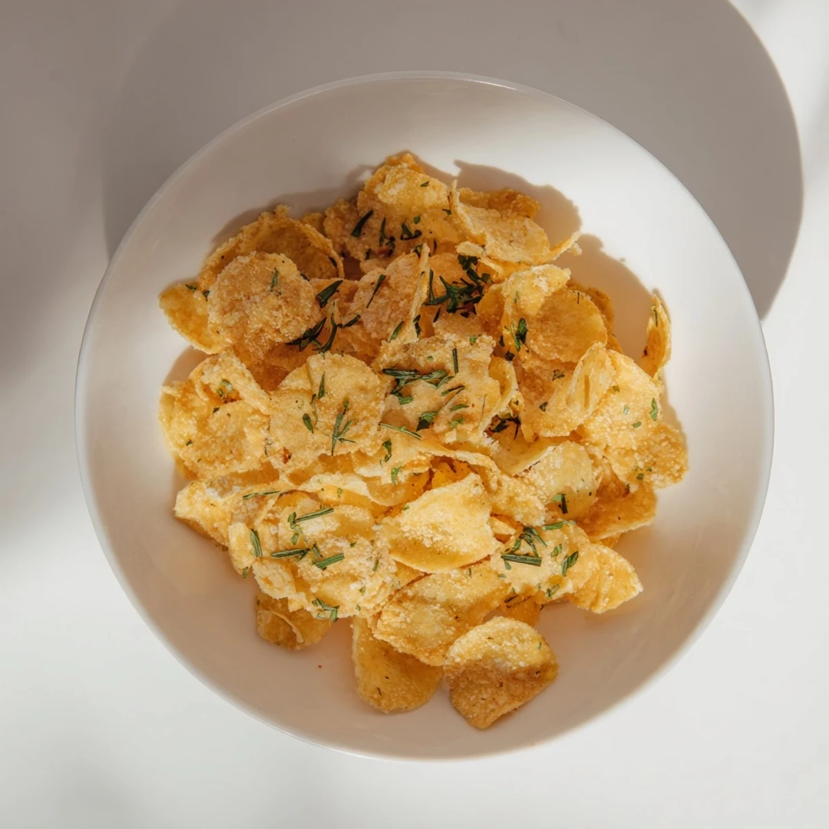 A comforting bowl of pasta chip cereal, a unique snack with parmesan broth "milk".