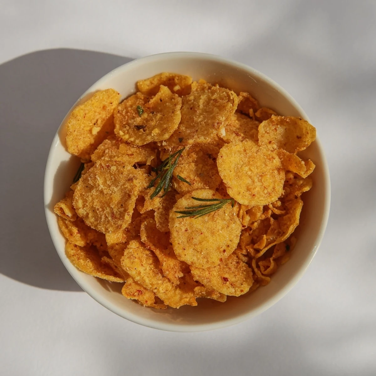 Golden, crispy pasta chips in umami-rich parmesan broth, a flavorful pasta chip cereal creation.