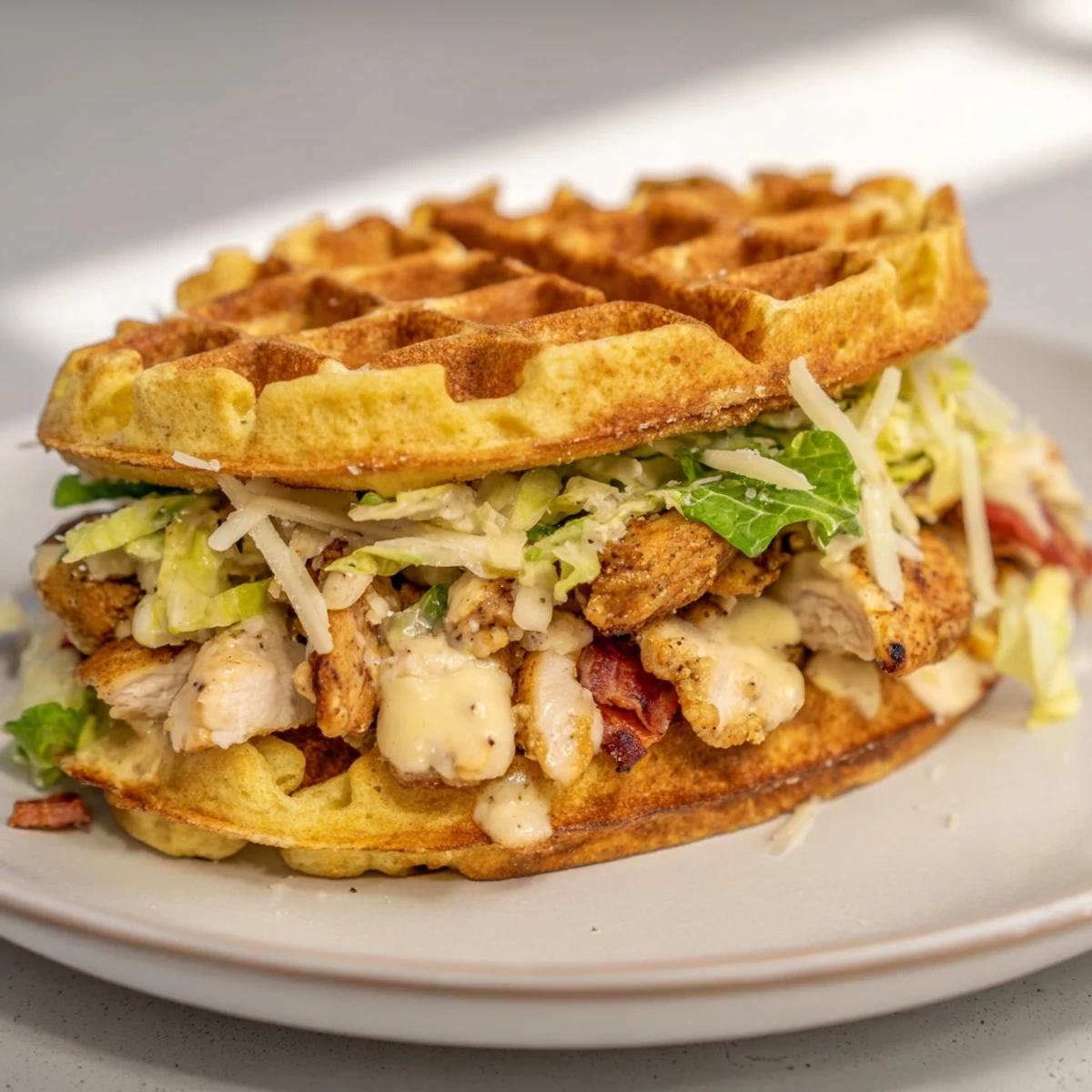 Imagine the crispy stuffing waffles sandwiching flavorful chicken and Caesar salad; that's a Chicken Caesar Waffle Sandwich.