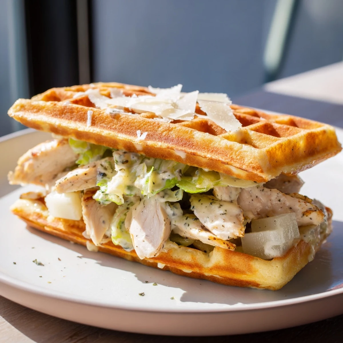 Perfectly assembled Chicken Caesar Waffle Sandwich, ready to eat, featuring grilled chicken and fresh romaine.