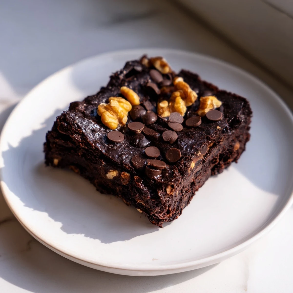 Fudgy black bean brownies, warm from the oven, topped with glistening chocolate chips and ready to serve.