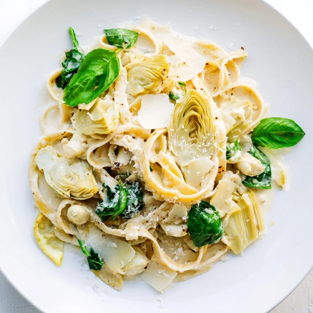 Creamy lemon artichoke pasta, drizzled with olive oil, showing a vibrant, Italian-inspired dinner dish.