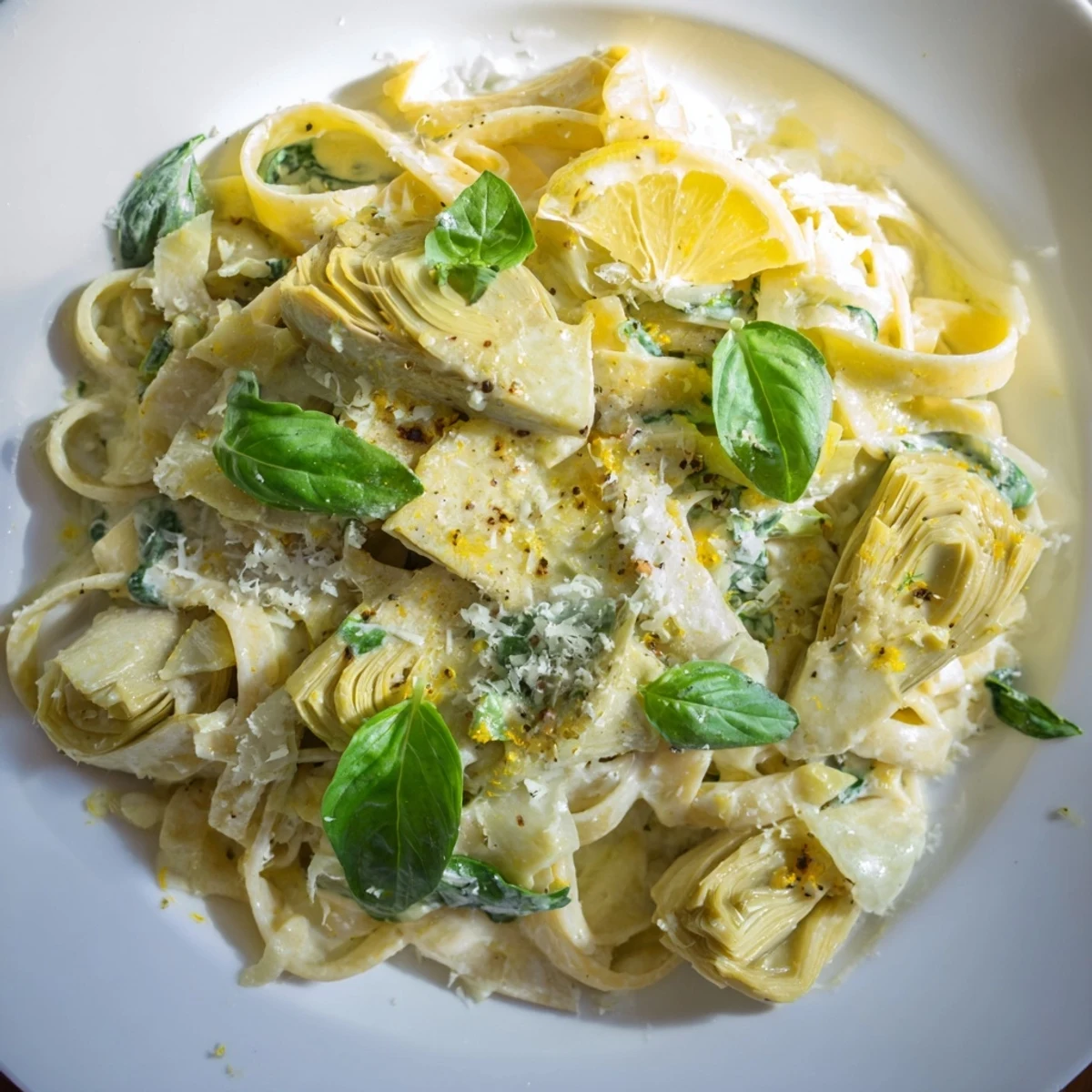 A close-up of creamy lemon artichoke pasta, with fresh basil, ready for a delicious dinner.