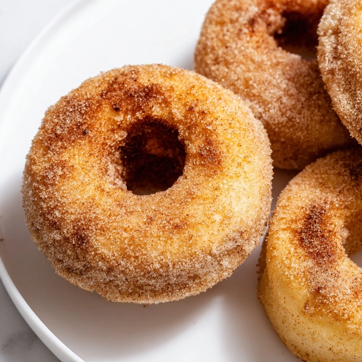 Freshly baked cinnamon-sugar donuts dusted with granulated sweetness, promising a delightful, comforting flavor.