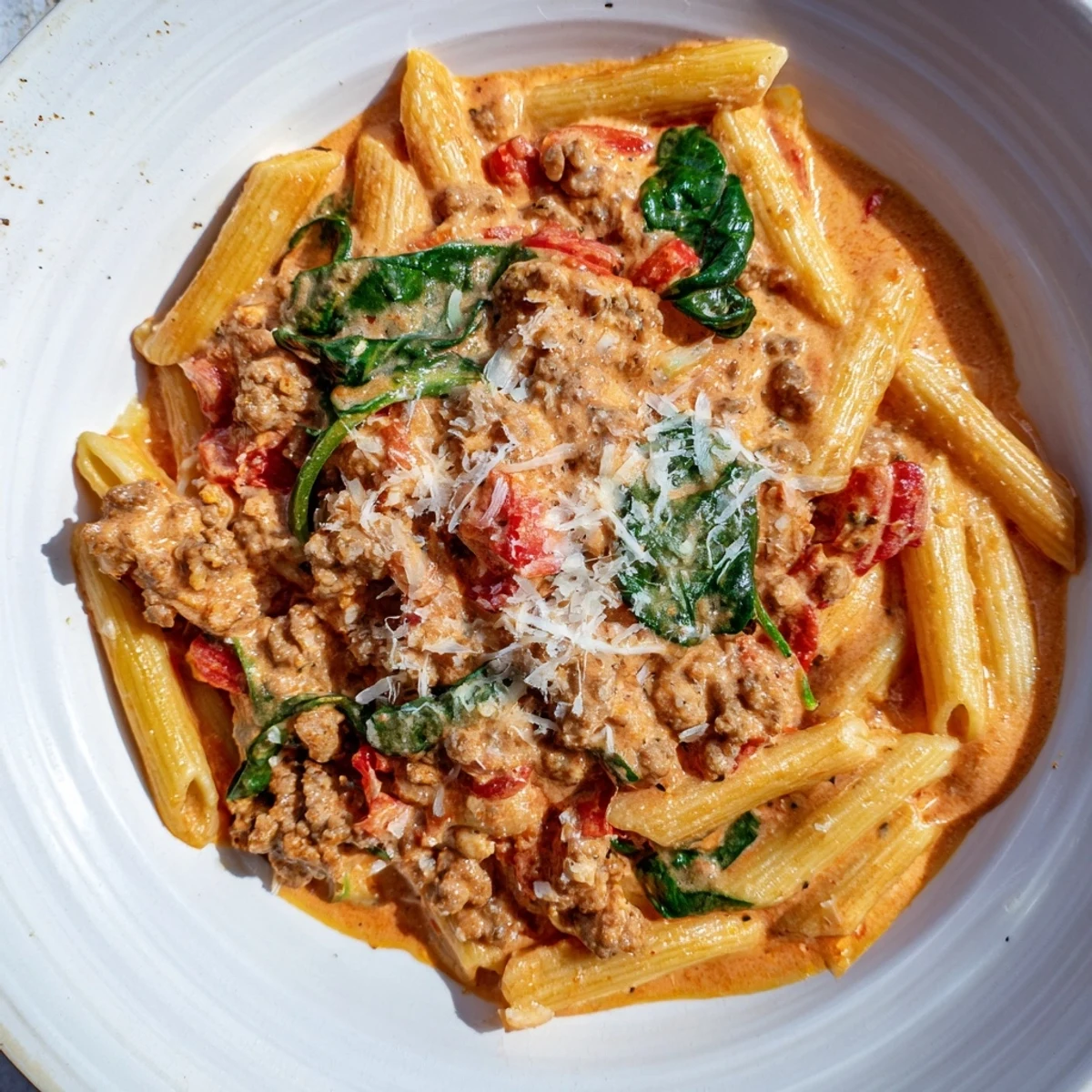 One-Pot Italian Sausage Tomato Pasta simmering beautifully in a skillet, ready to serve with Parmesan.