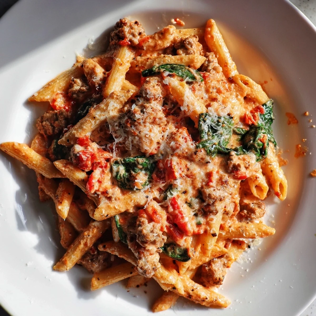 This delicious One-Pot Italian Sausage Tomato Pasta dish showcases perfectly cooked sausage and a creamy tomato sauce.