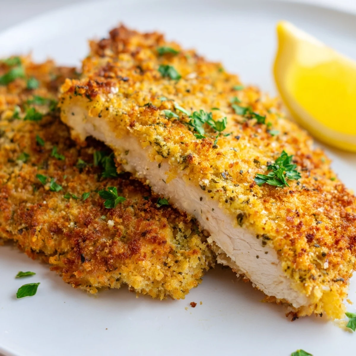 Golden and crispy Parmesan chicken cutlets, perfectly baked and ready to enjoy with fresh parsley.
