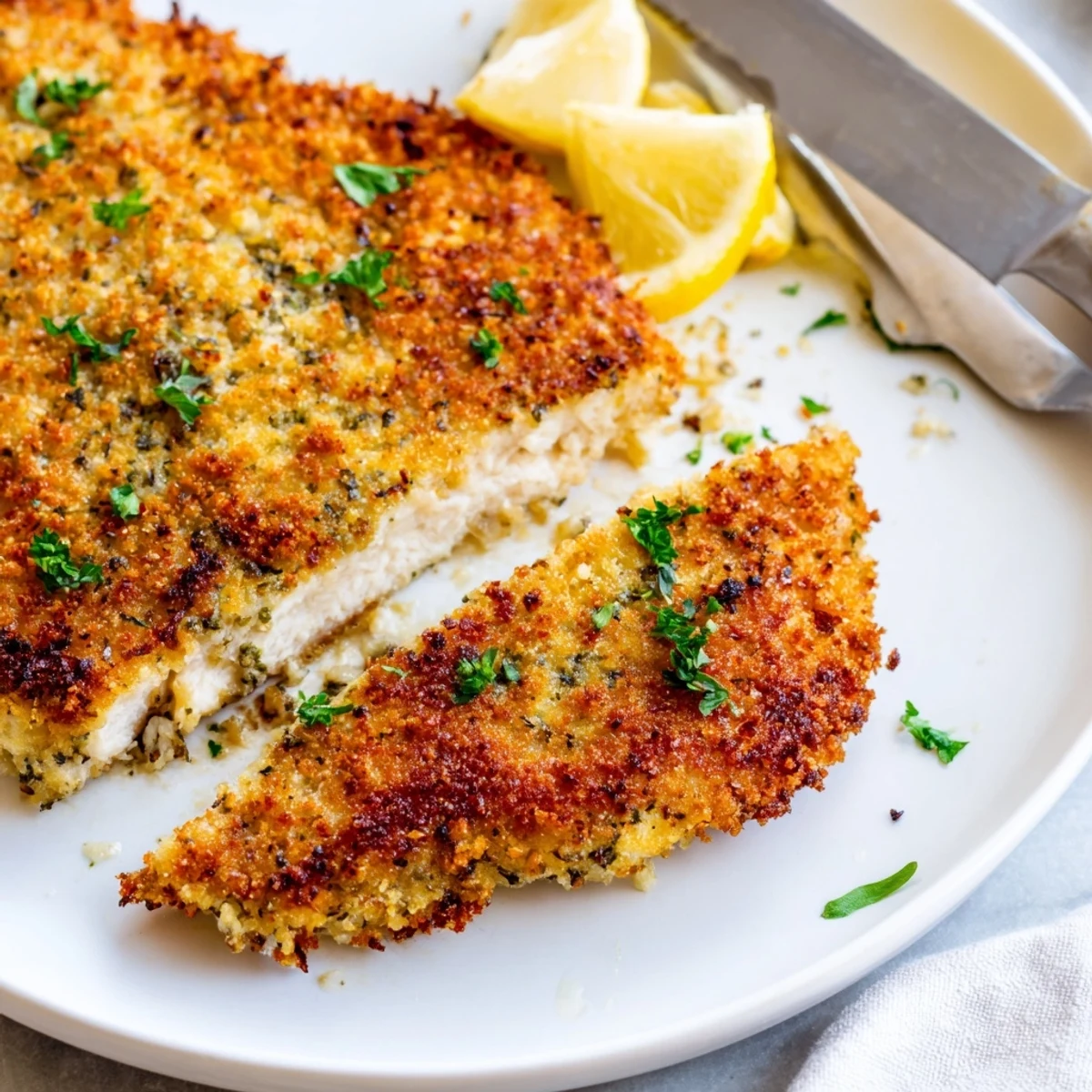The irresistible aroma of baked Crispy Parmesan Chicken Cutlets fills the kitchen, ready to serve.