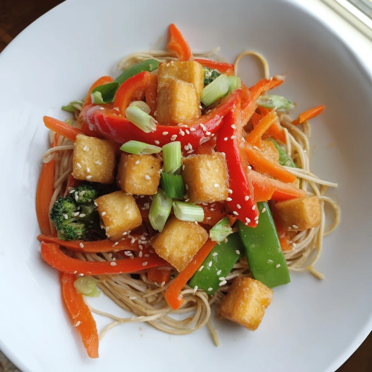 Golden-brown Sesame Ginger Tofu Stir-Fry features crispy tofu and vibrant vegetables tossed in a savory sauce.