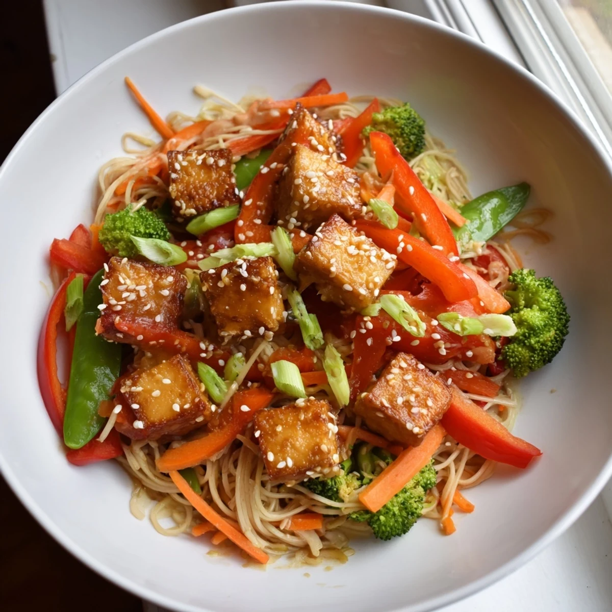 Steaming-hot Sesame Ginger Tofu Stir-Fry with tender noodles, a medley of colorful veggies, and sesame seeds.