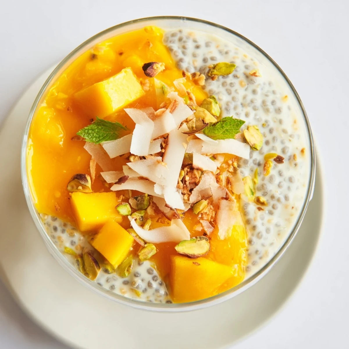 A close-up of Mango Coconut Chia Pudding, with vibrant mango puree over thick chia pudding.