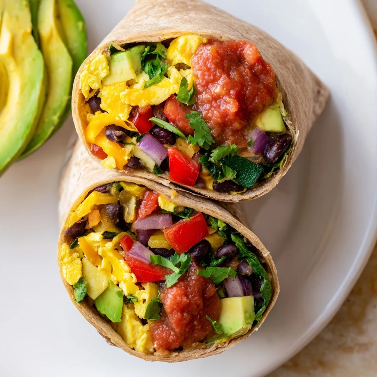 Vibrant photo of a veggie-loaded breakfast burrito with melted cheese and fresh avocado slices.