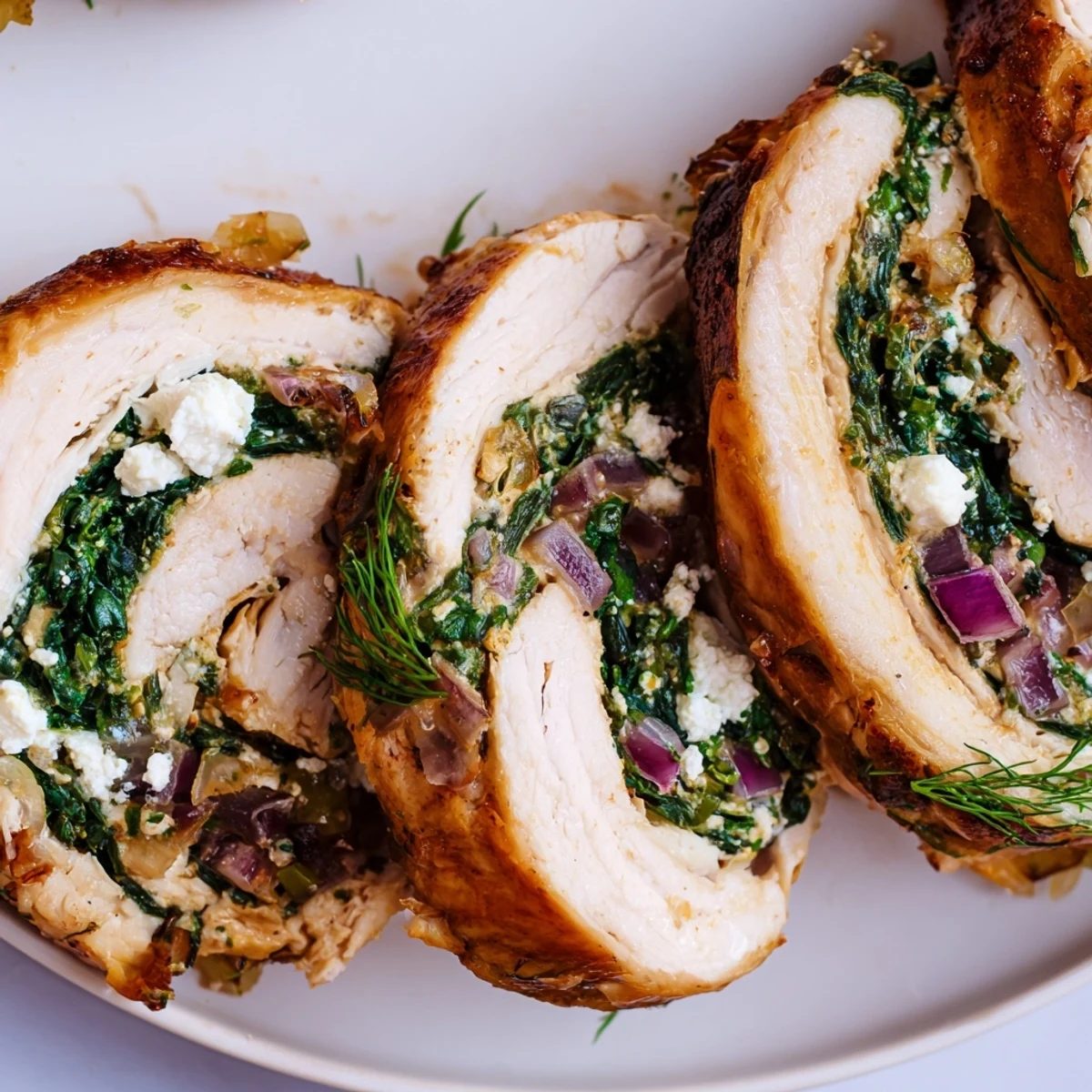 Spinach feta stuffed chicken, golden brown with herbs, ready for serving with a side of Greek salad.