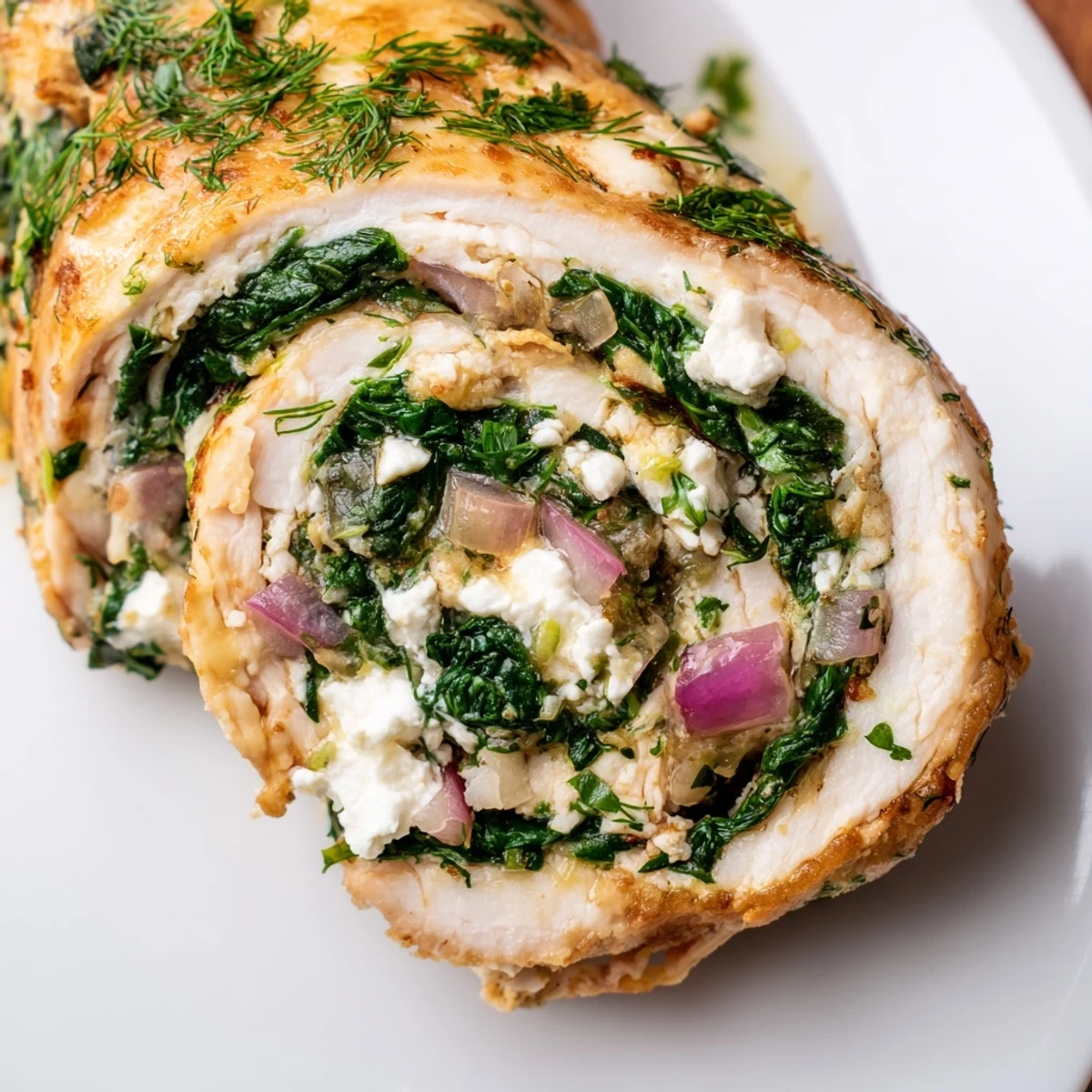 Baked spinach feta stuffed chicken roll-ups: a close-up shows the juicy filling after slicing.