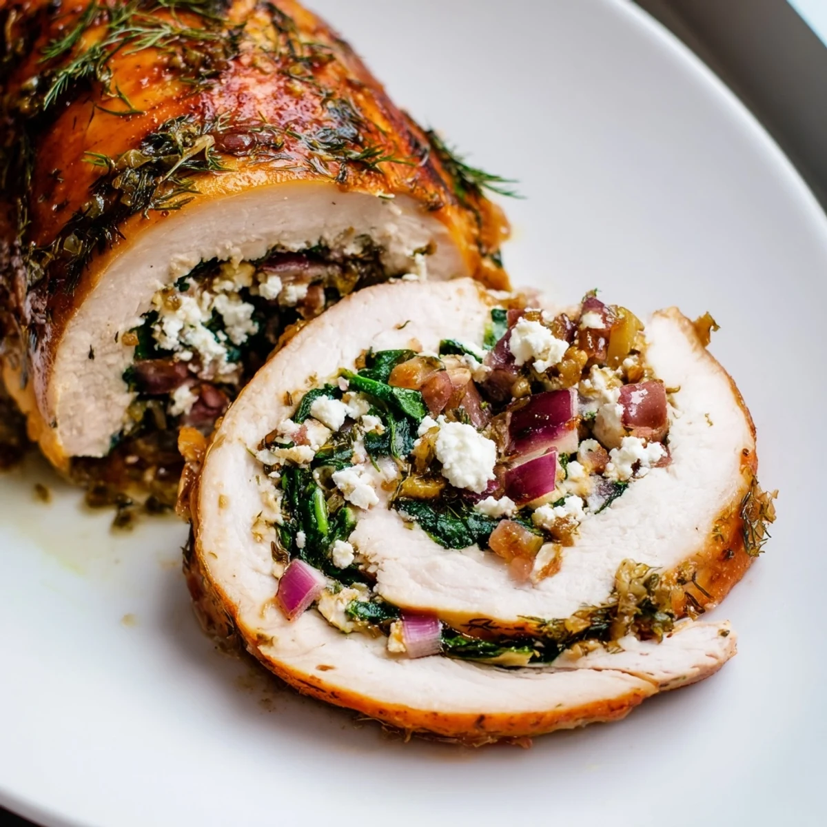 Mediterranean flavors abound: savor the perfectly baked spinach feta stuffed chicken dish with lemon.