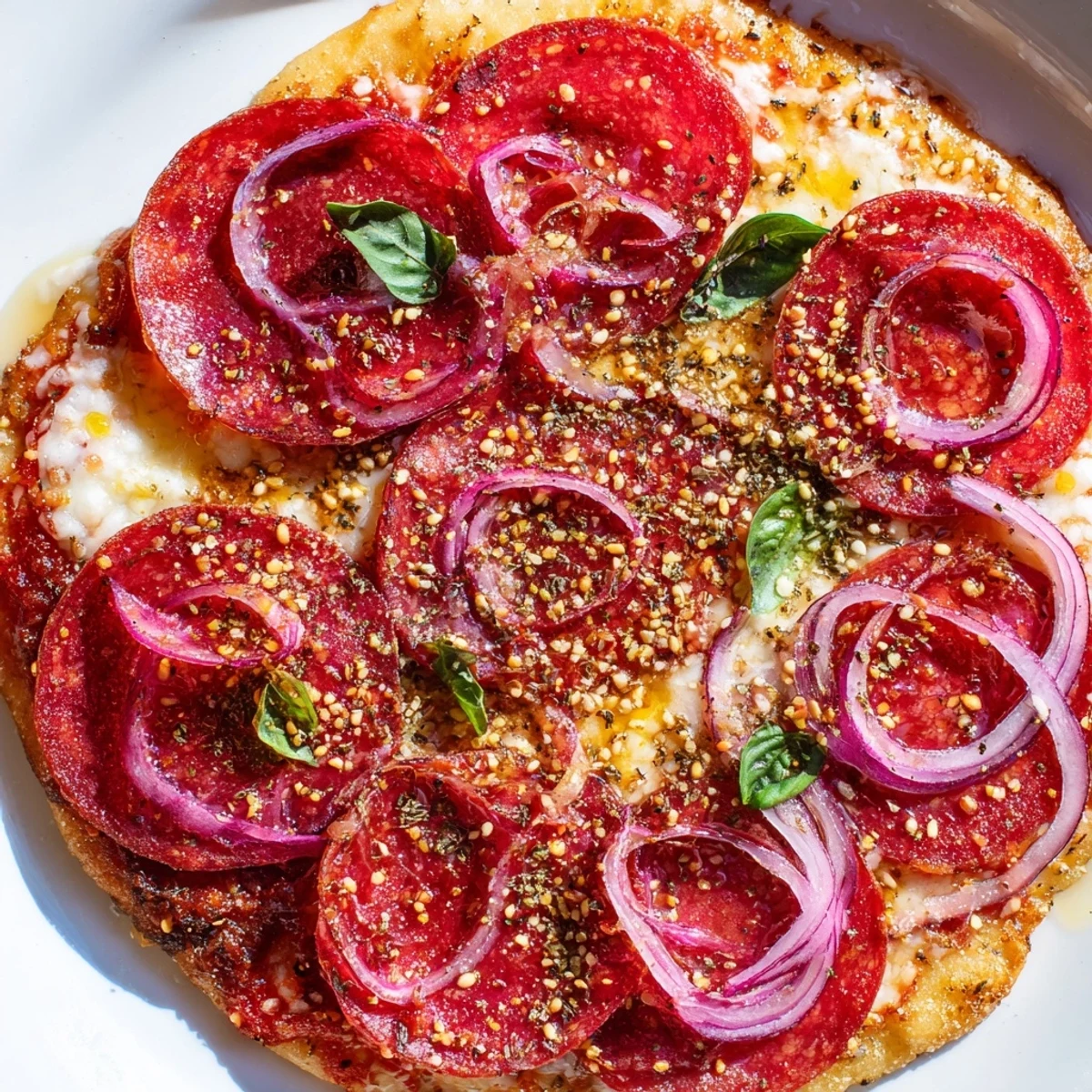 This hot honey pepperoni flatbread has tempting layers of pepperoni and mozzarella, ready to eat.