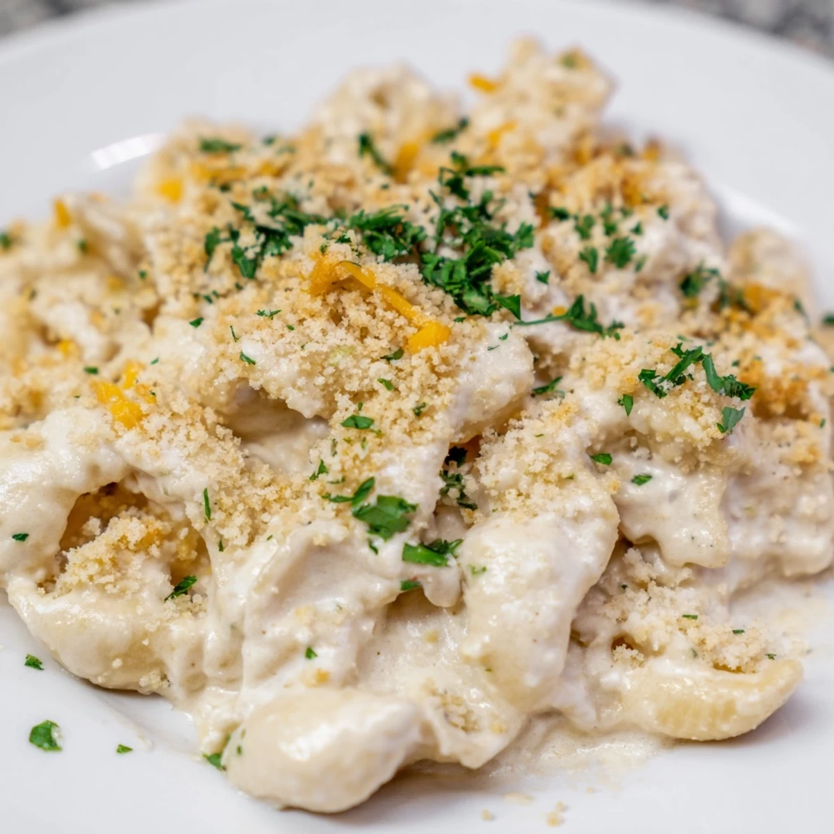 Creamy high-protein mac & cheese with blended cottage cheese, golden top, ready to serve with parsley.