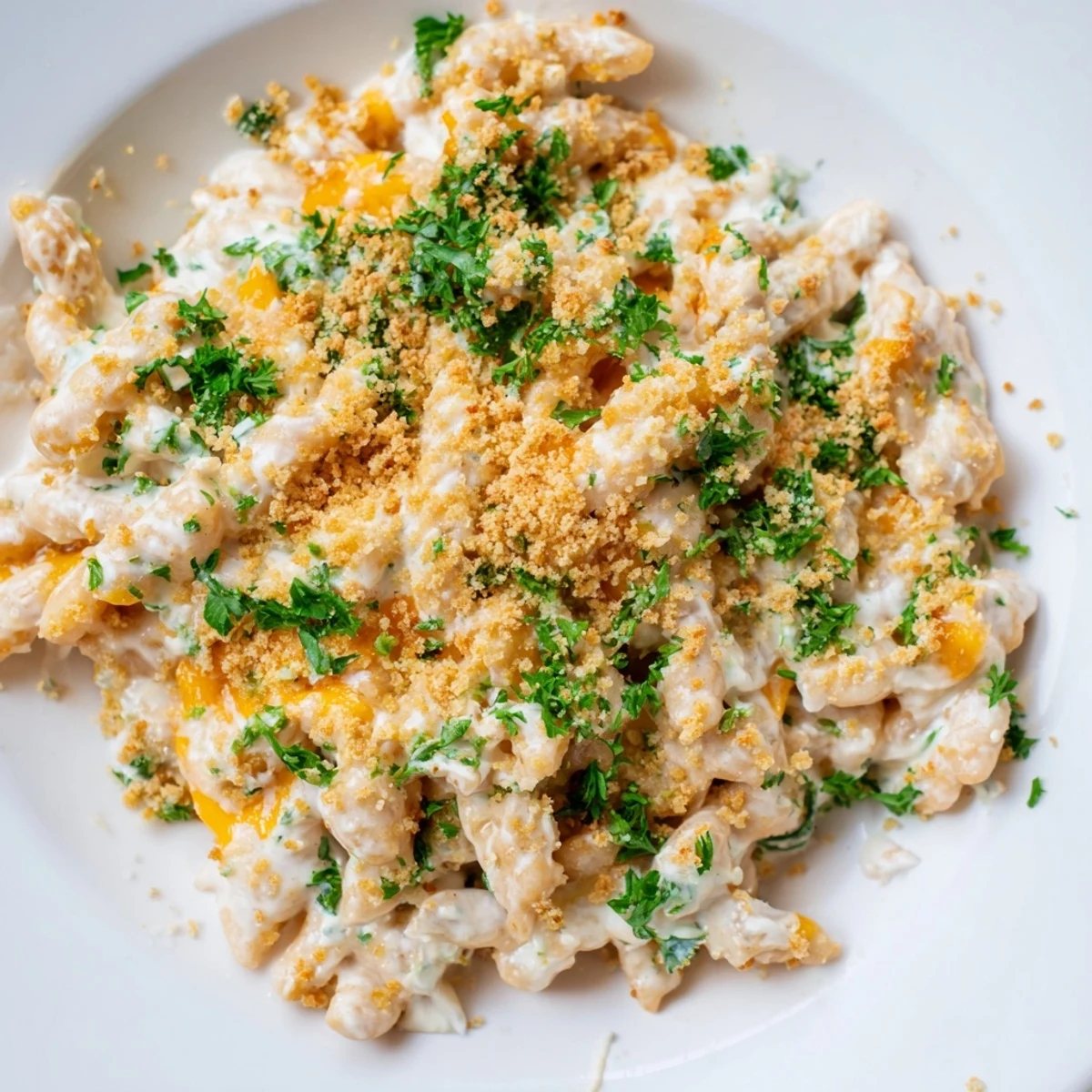Homemade high-protein mac & cheese, a hearty dish with a smooth cottage cheese sauce, a perfect dinner.