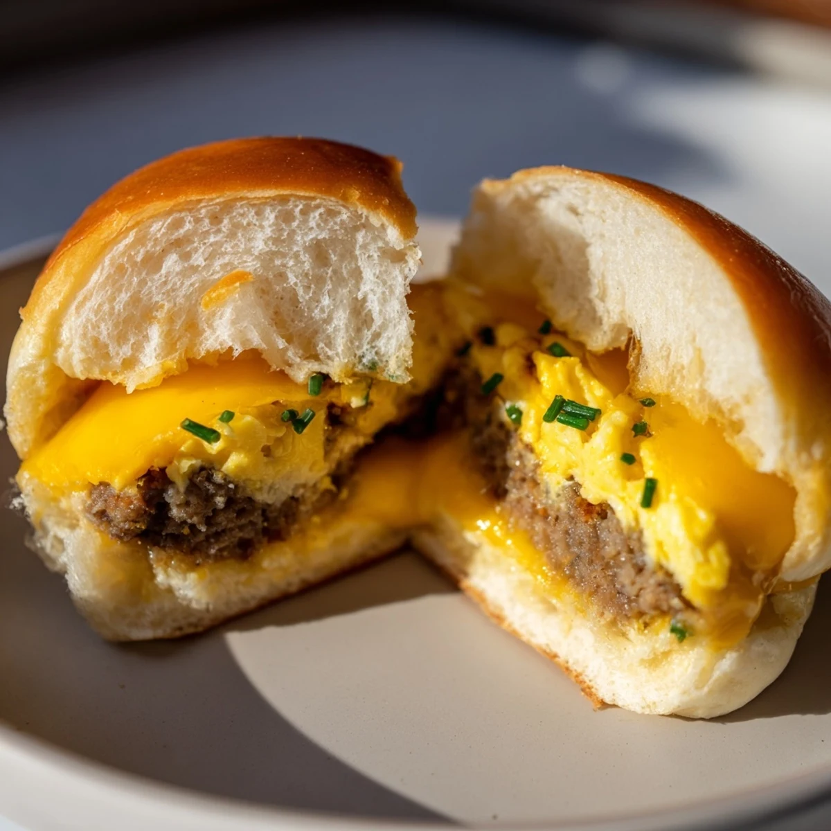 A close-up of delicious Mini Breakfast Sliders stacked high, showcasing the layered ingredients and golden buns.