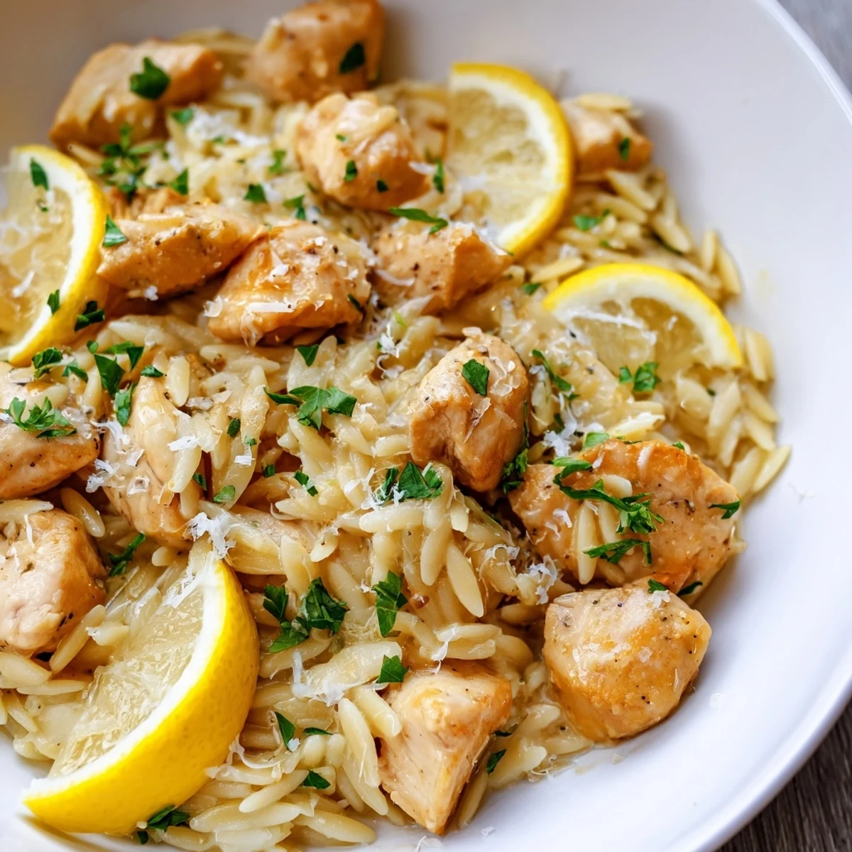 A bright photo of Creamy Lemon Chicken Orzo, garnished with fresh parsley and lemon slices ready to enjoy.