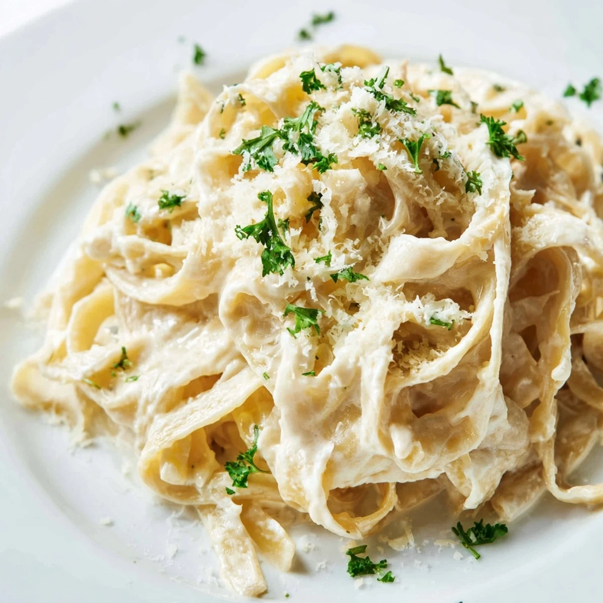 Creamy Pasta Alfredo Cottage Hack, swirled on a plate, is ready to delight your taste buds.