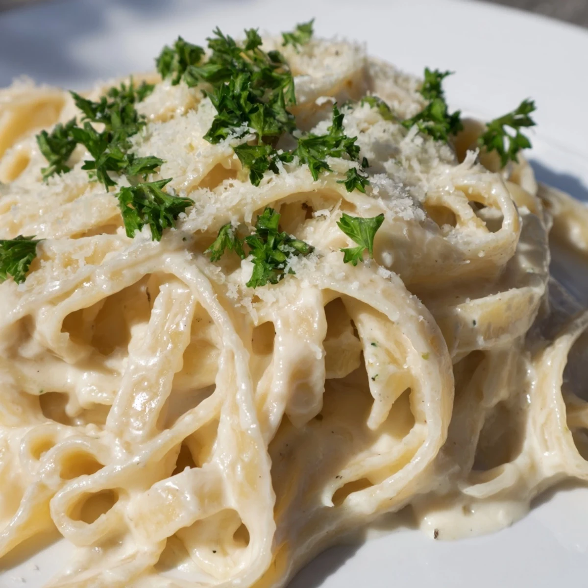 Imagine this: steaming-hot Pasta Alfredo Cottage Hack, sprinkled with fresh herbs, a simple delight.