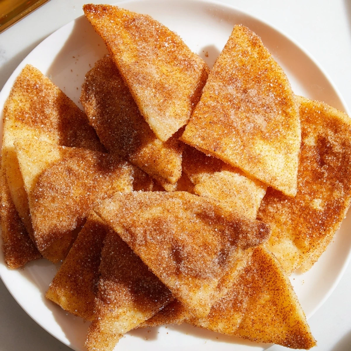 Close-up photo of cinnamon sugar tortilla chips, coated in glistening cinnamon sugar, ready to eat.
