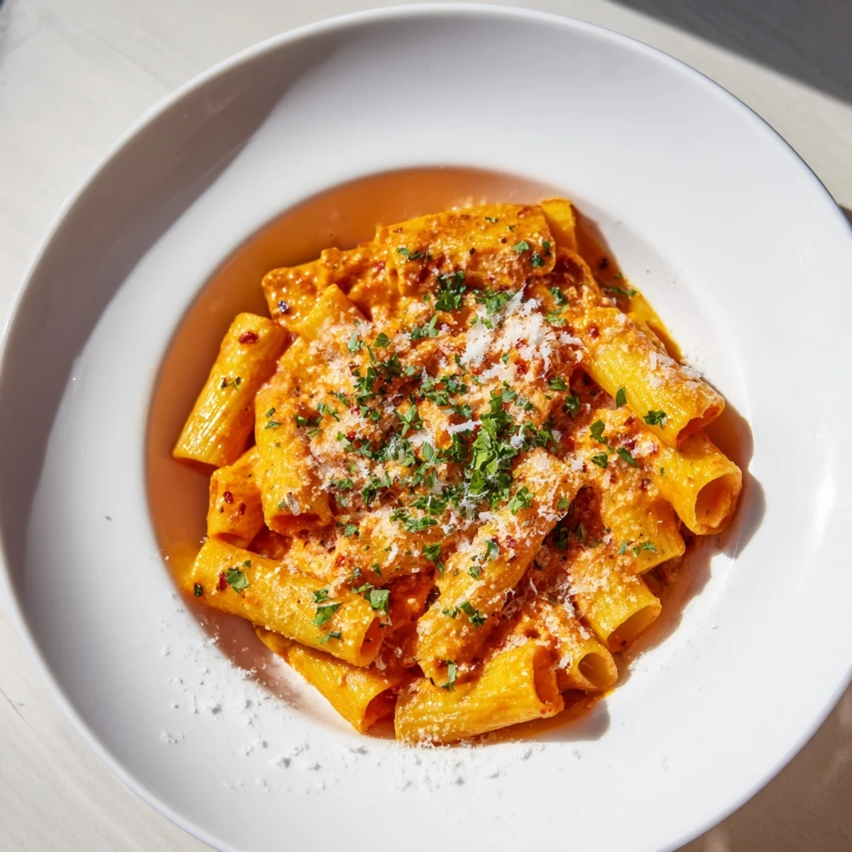 Gigi Hadid-Style Spicy Rigatoni, a vibrant pasta dish coated in creamy, fiery tomato sauce.