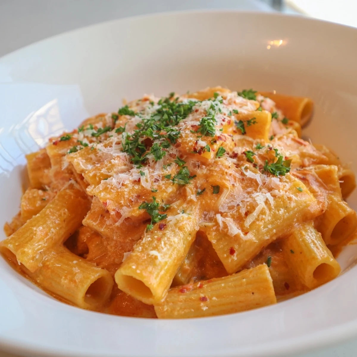 A steaming bowl of Gigi Hadid-Style Spicy Rigatoni, garnished with fresh parsley and Parmesan cheese.