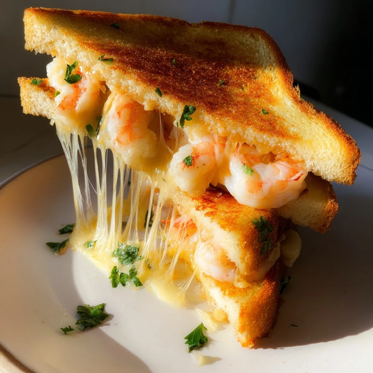 Golden, toasted sourdough holds melted cheese and flavorful Quick Shrimp Grilled Cheese inside.