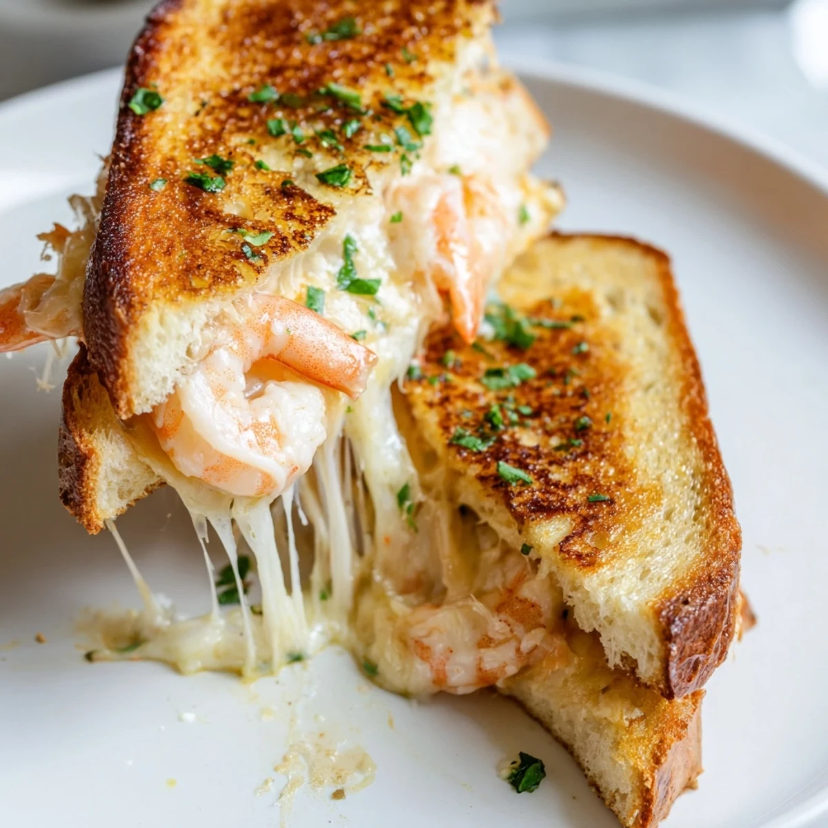 Perfectly cooked Quick Shrimp Grilled Cheese, with a creamy blend of melted cheese, is ready to be sliced.