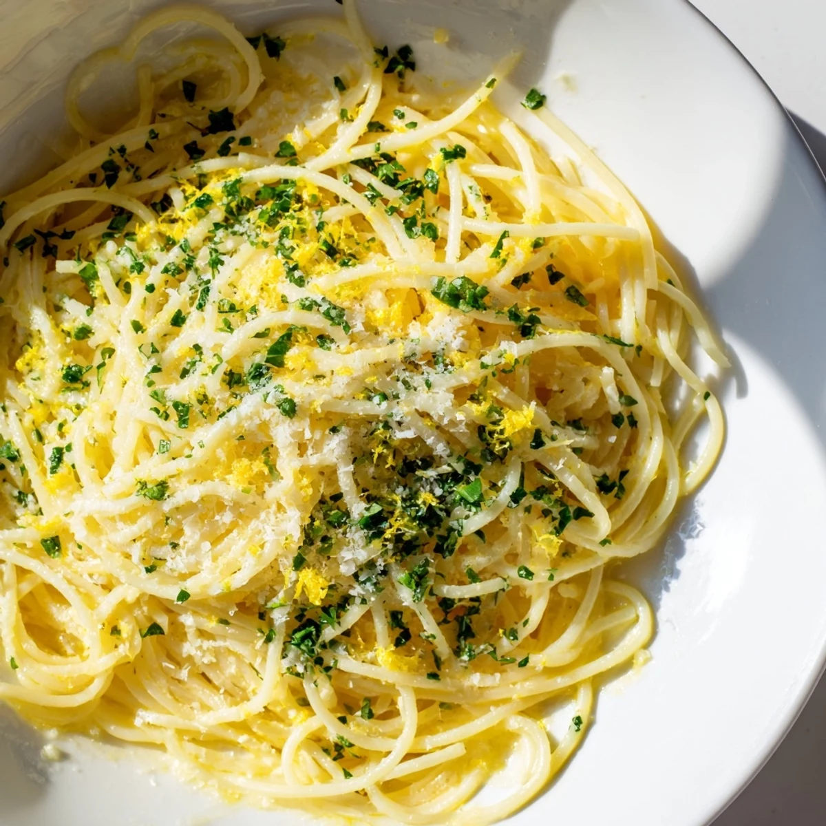 Close-up of freshly made Lemon Capellini with herbs, a light and flavorful Italian pasta dish.