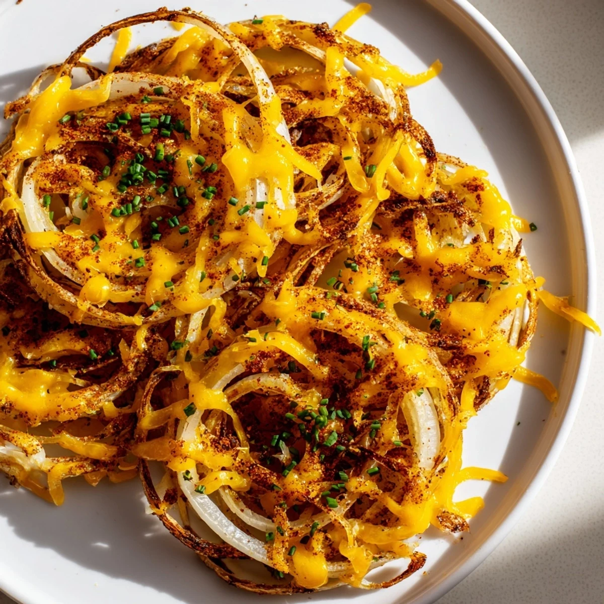 A close-up of the delicious Crispy Onion Cheese Chips, showing melted cheese and crispy onion rings.