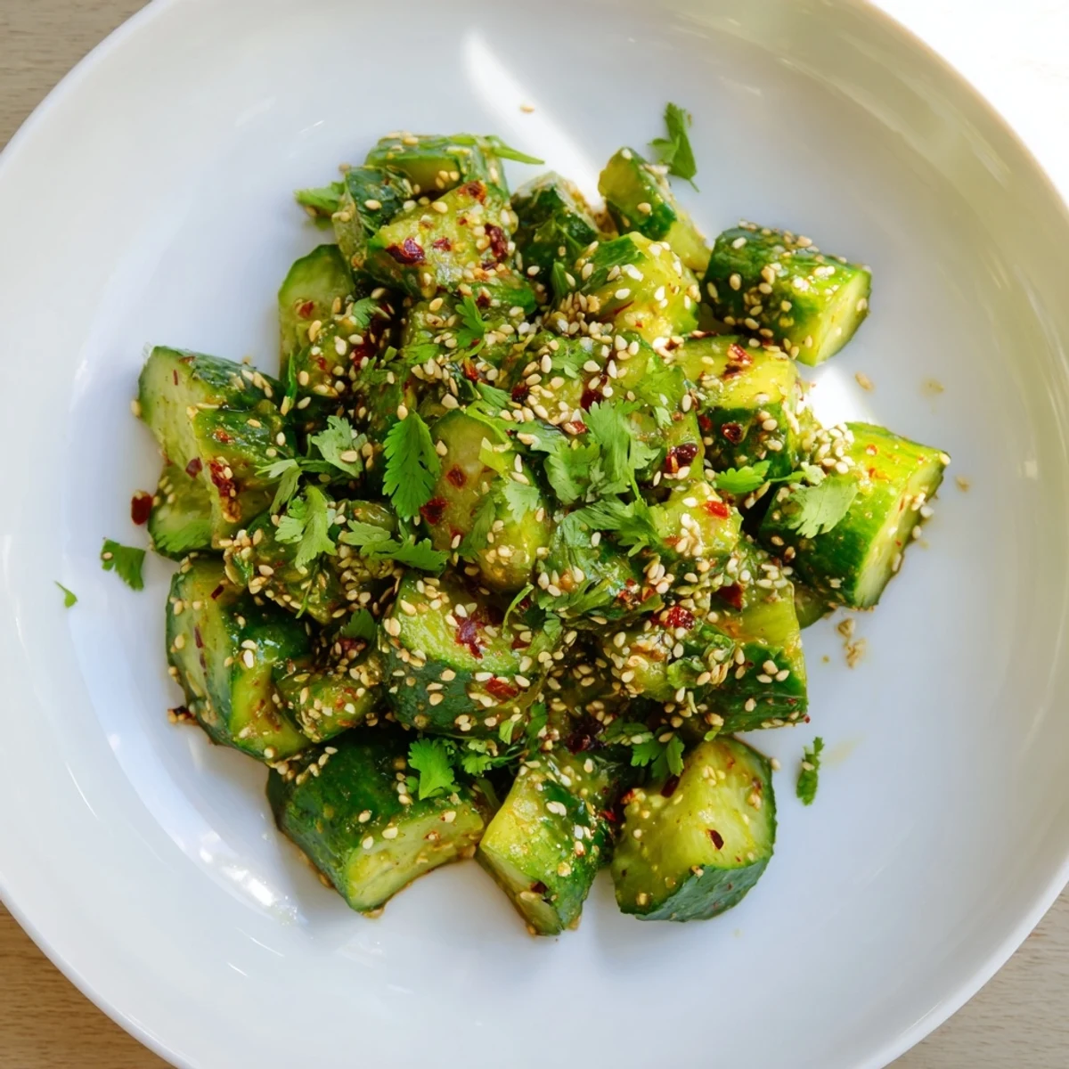 Vibrant Chinese Spicy Smashed Cucumber Salad, a refreshing, flavorful vegan side dish with bold flavors.