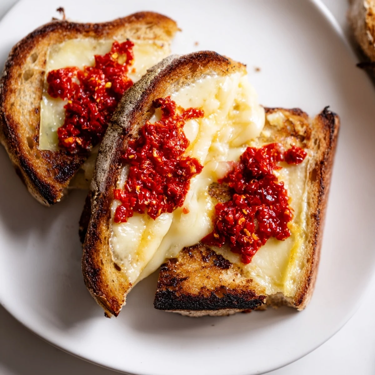 Golden, melty Brie and Chili Crisp Grilled Cheese, a gourmet vegetarian lunch, ready to eat.