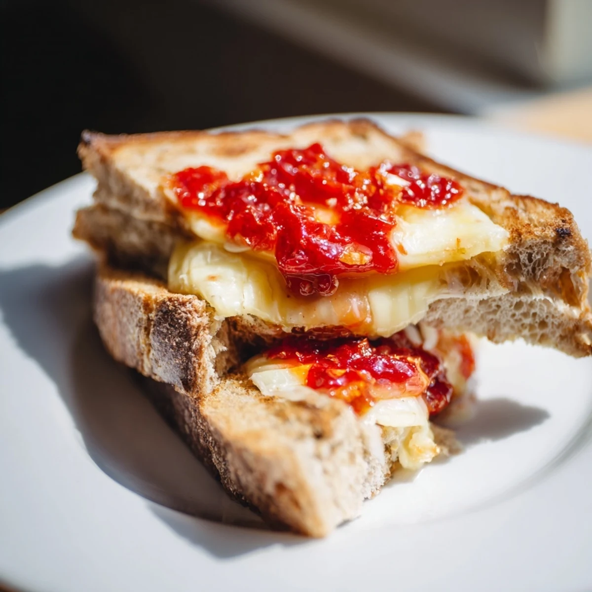 Buttery sourdough, oozing brie, and spicy chili crisp make up this delicious grilled cheese sandwich.