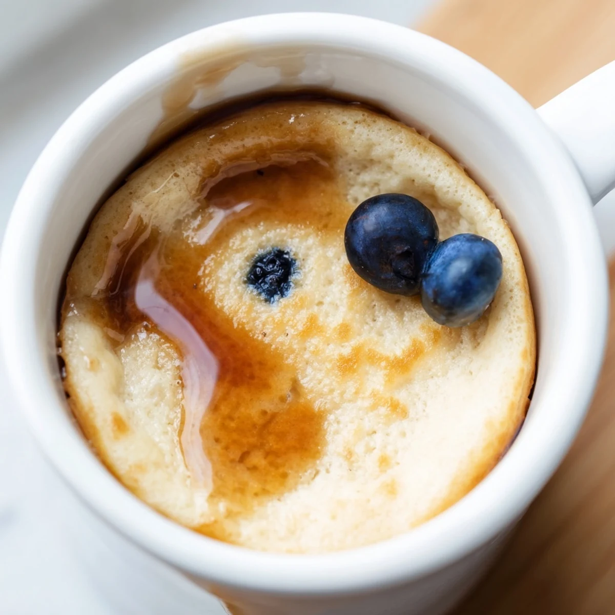 A warm, golden Microwave Mug Pancake topped with glistening maple syrup and fresh berries.