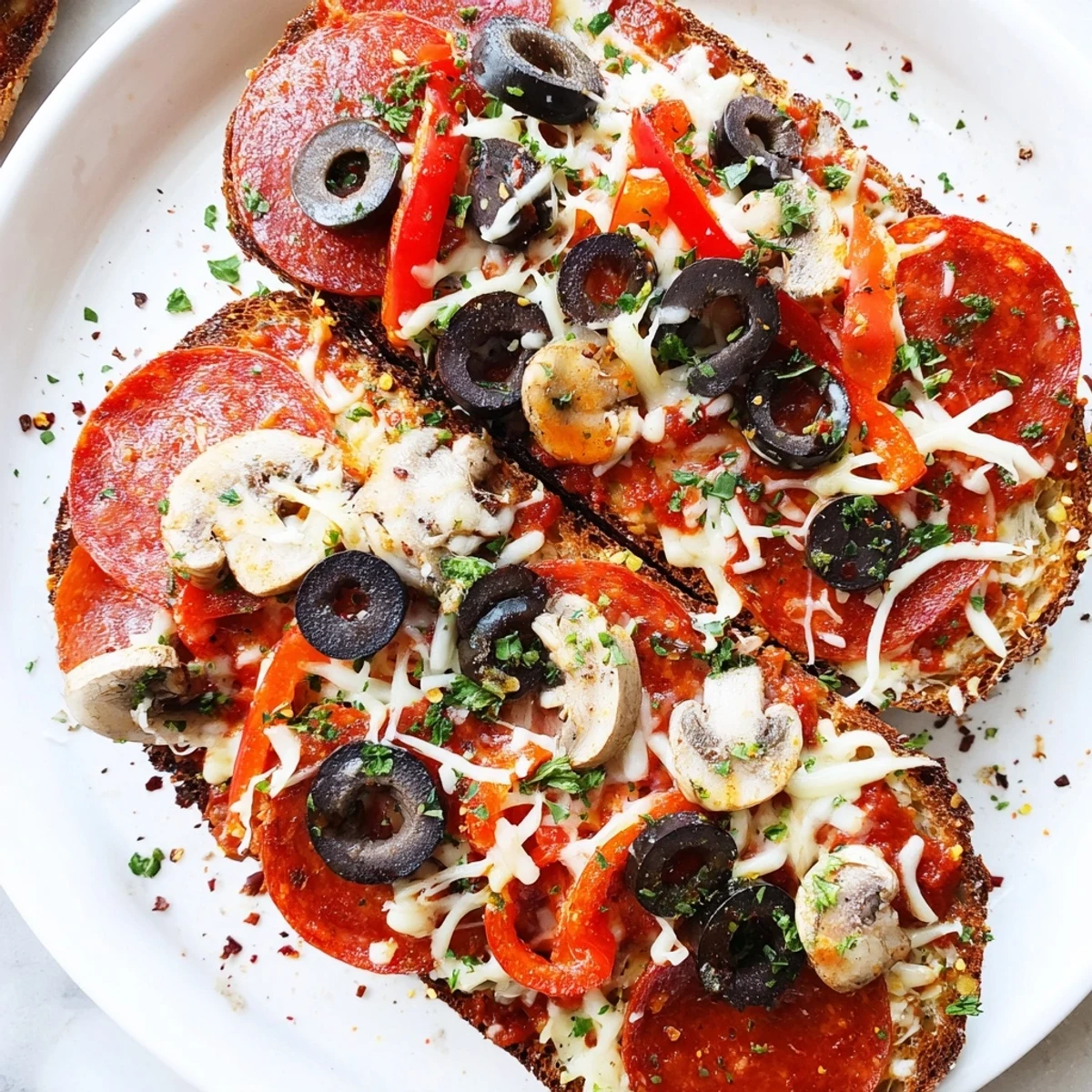 Air Fryer Pizza Toast: Golden, bubbly cheese with crispy edges tops savory marinara and a toasted slice.