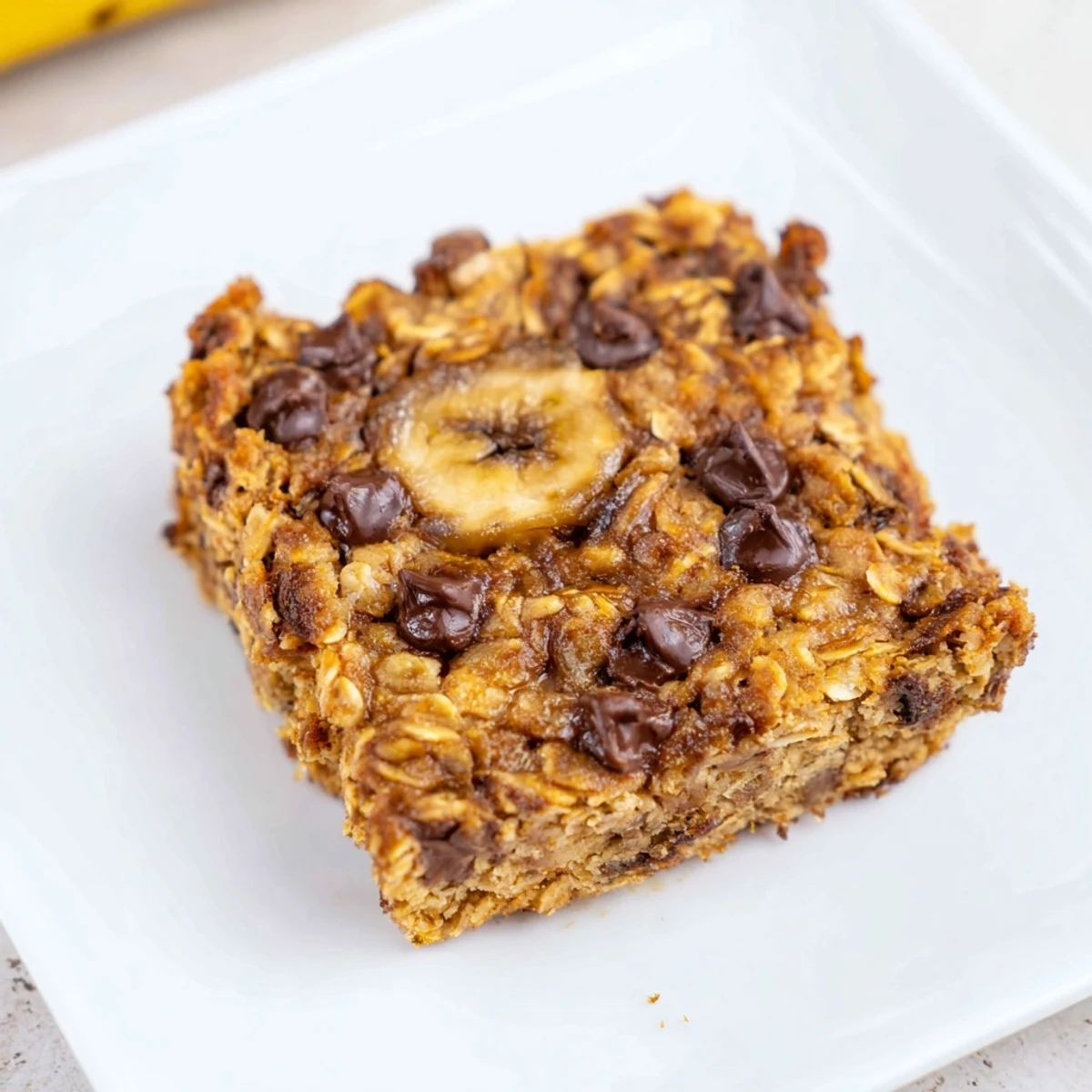 Warm and fluffy baked oats that taste like cake, showcasing a slice with chocolate chips and inviting texture.