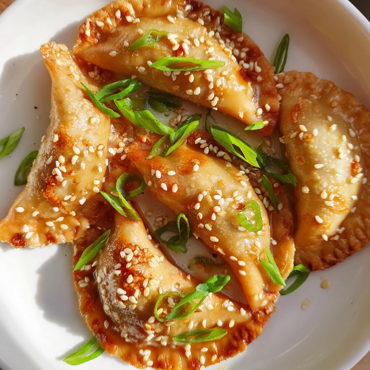 Golden-brown air fryer frozen dumplings glazed with sesame oil, ready to serve with sliced green onions.