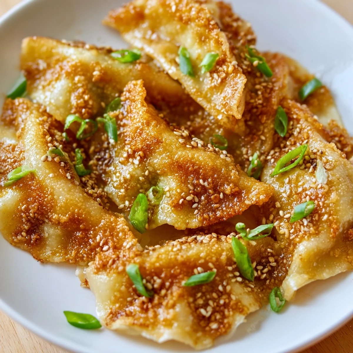 Steaming plate of air fryer frozen dumplings with a savory sesame oil glaze, perfect for a flavorful appetizer.