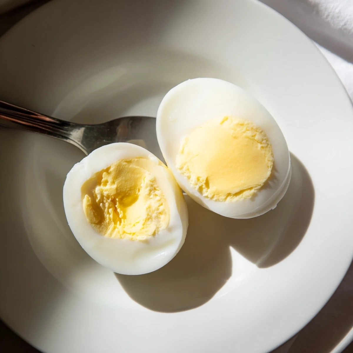 Golden yellow yolks inside air fryer boiled eggs, a quick and simple breakfast snack option.