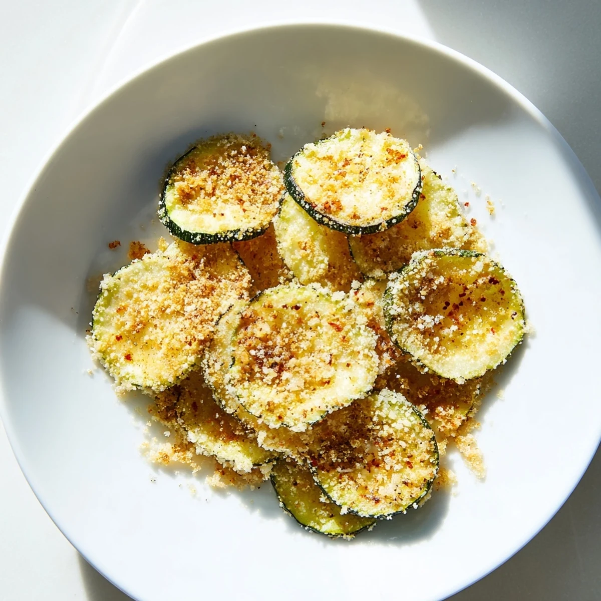 Golden-brown zucchini chips swapped for a healthy snack, air-fried to perfect crispiness.