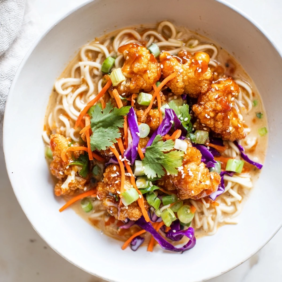 Close-up of Chaos Cooking Buffalo Cauliflower Ramen, with crispy florets atop creamy broth and fresh garnishes.