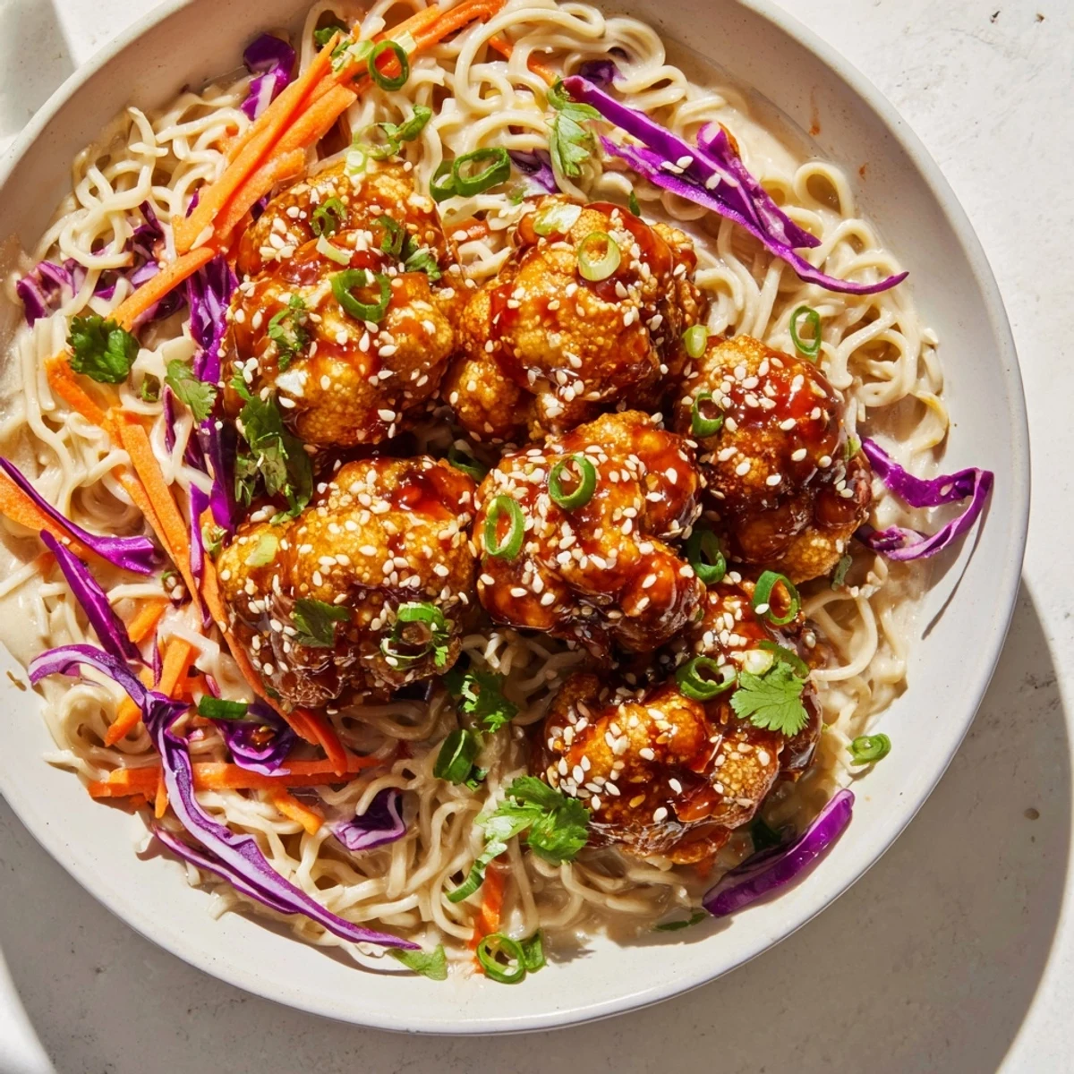 This steaming bowl of Buffalo Cauliflower Ramen features vibrant toppings adding texture and flavor.