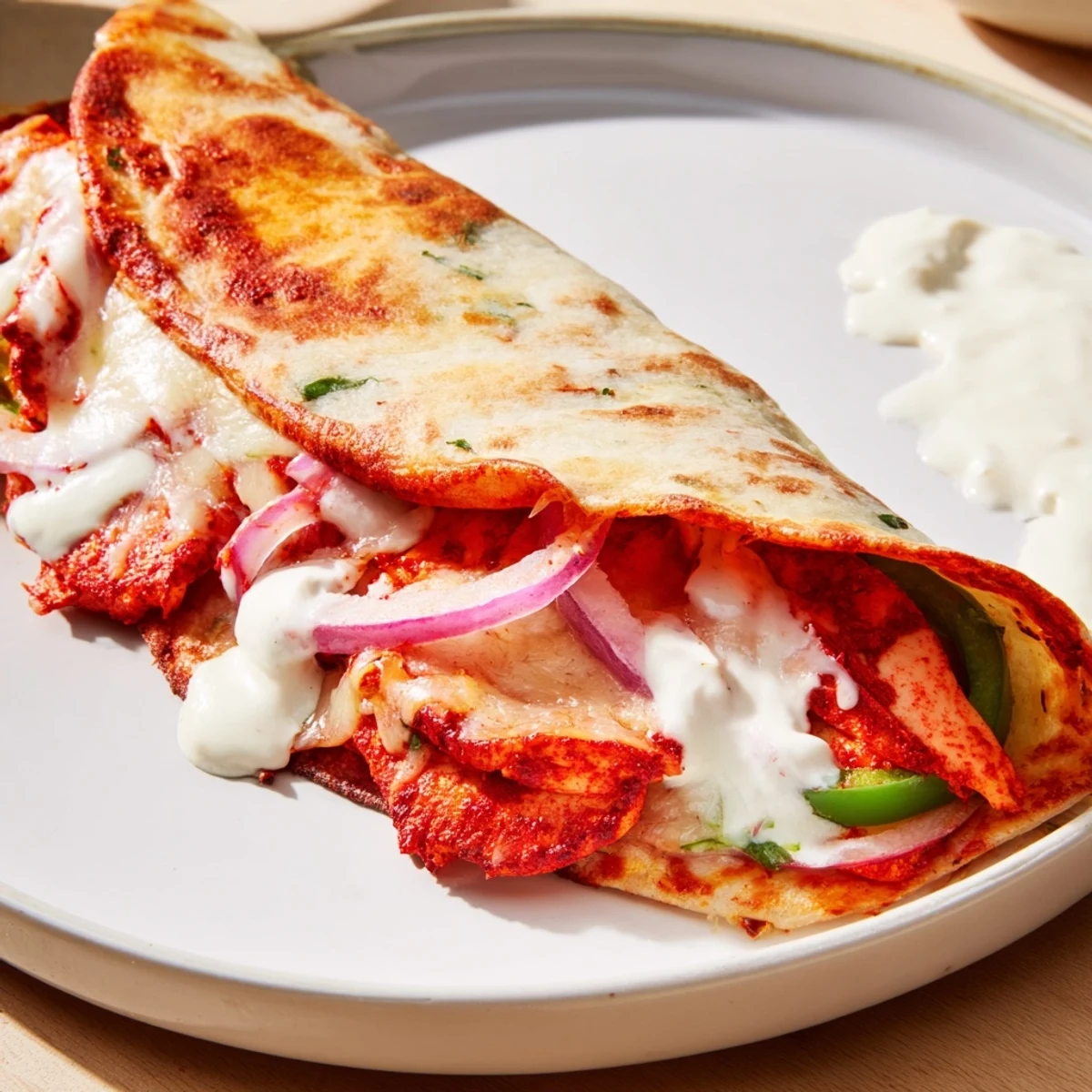 A close-up of a sizzling Tandoori Chicken Quesadilla, showing flavorful chicken and gooey cheese inside.