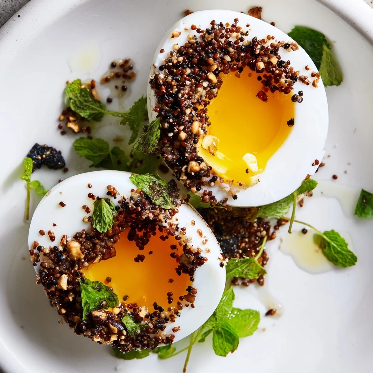 Golden yolk of Dukkah-Spiced Eggs topped with crunchy dukkah, fresh herbs, and a drizzle of olive oil.