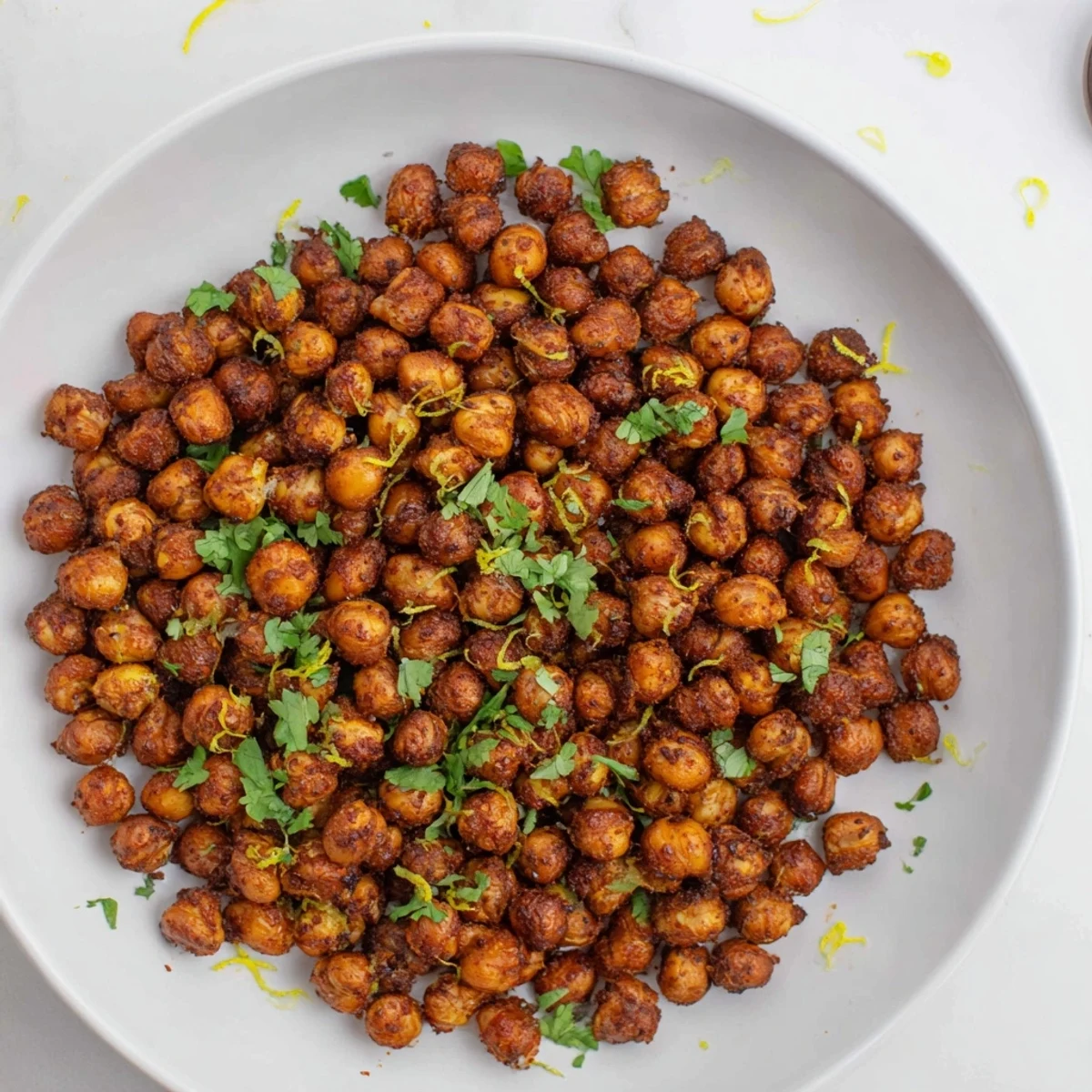 A vibrant bowl of spicy harissa chickpea roast, perfect as a snack with bold North African flavors.